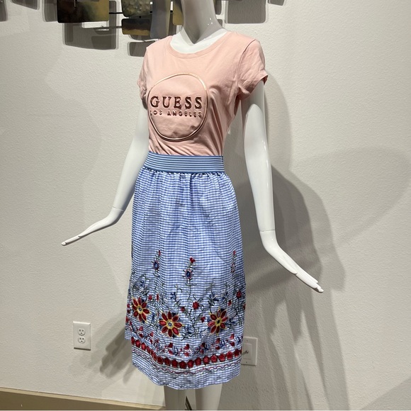 NWOT MAGIC Floral Embroidered Skirt Blue Checkered Garterized Waist Size XL - Picture 7 of 15